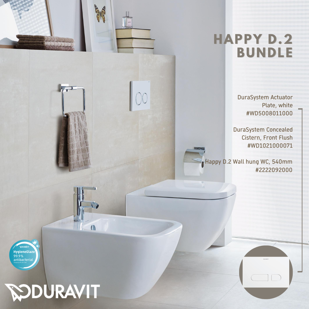 *HAPPY D.2* *Hygiene Glaze* Duravit HAPPY D.2 Wall Hung WC + Durasystem Cistern + Flush Plate (White)