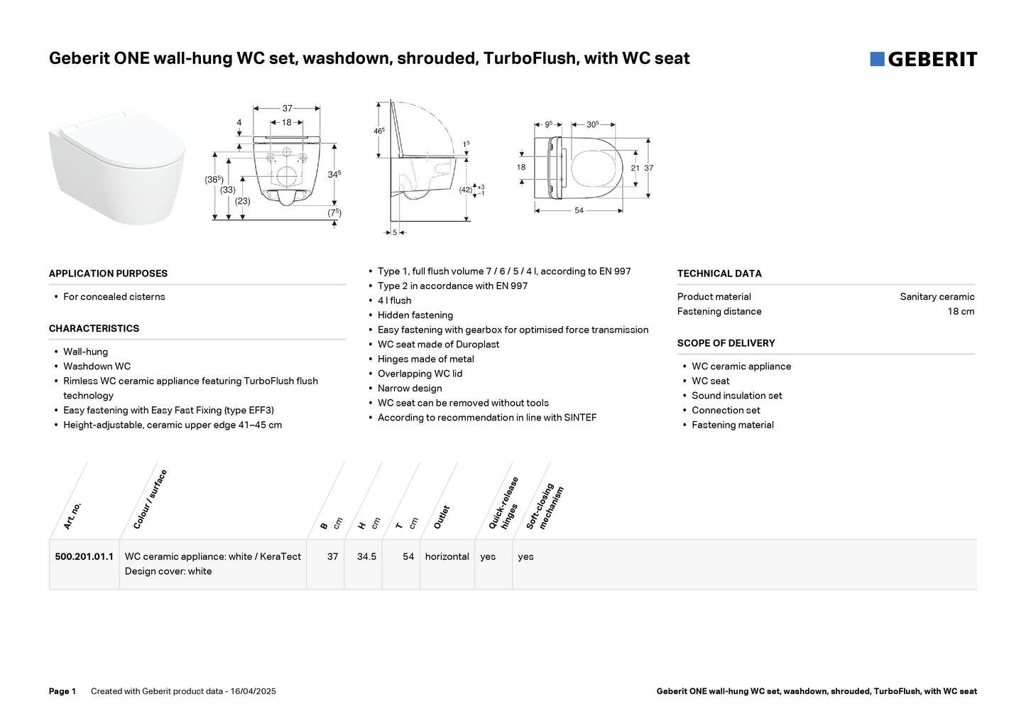 Geberit One Wall Hung TurboFlush WC Art. 500.201.01.1