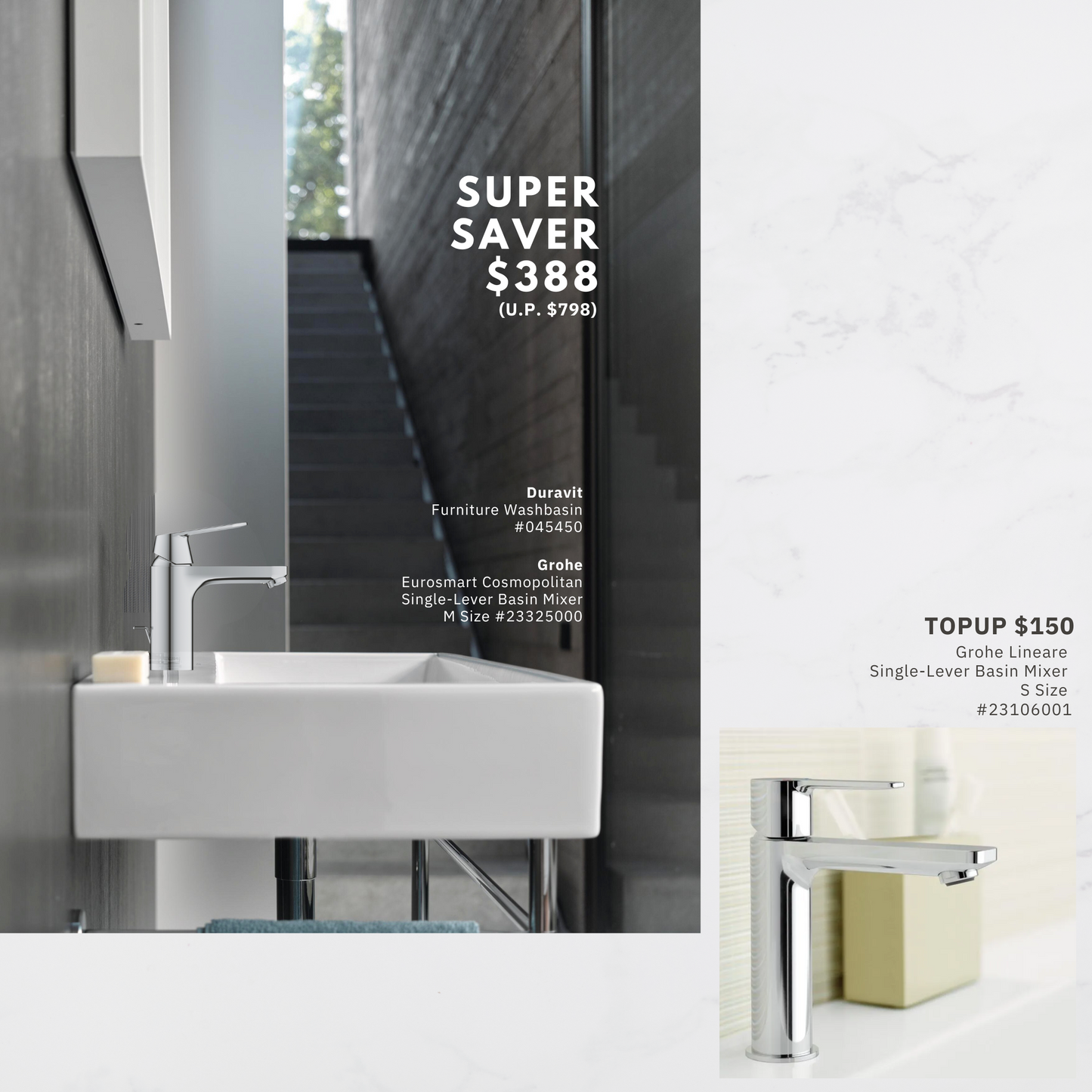 *SUPER SAVER* Duravit Wall Hung Basin/ Above Counter Basin + Grohe Eurosmart Basin Mixer (M)