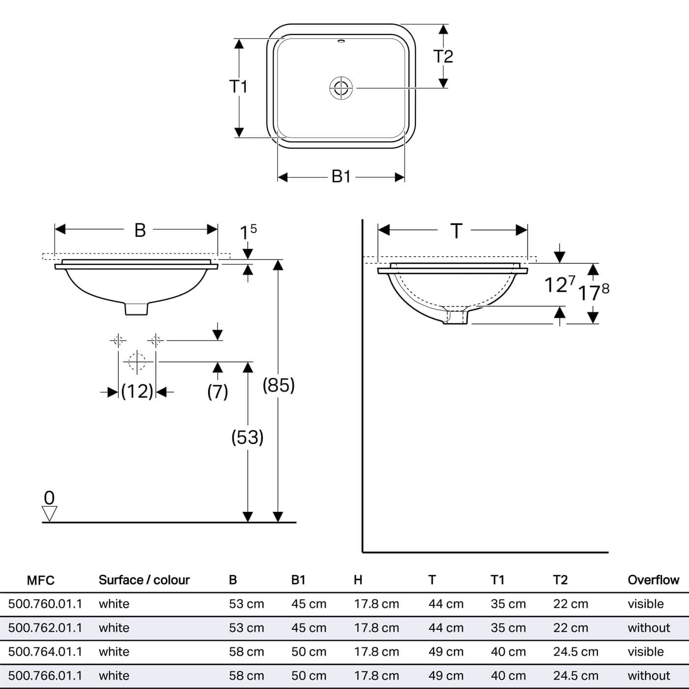 Geberit "Variform" Rectangular Undercounter Basin Art. 500.764.01.2/ 502.291.01.1