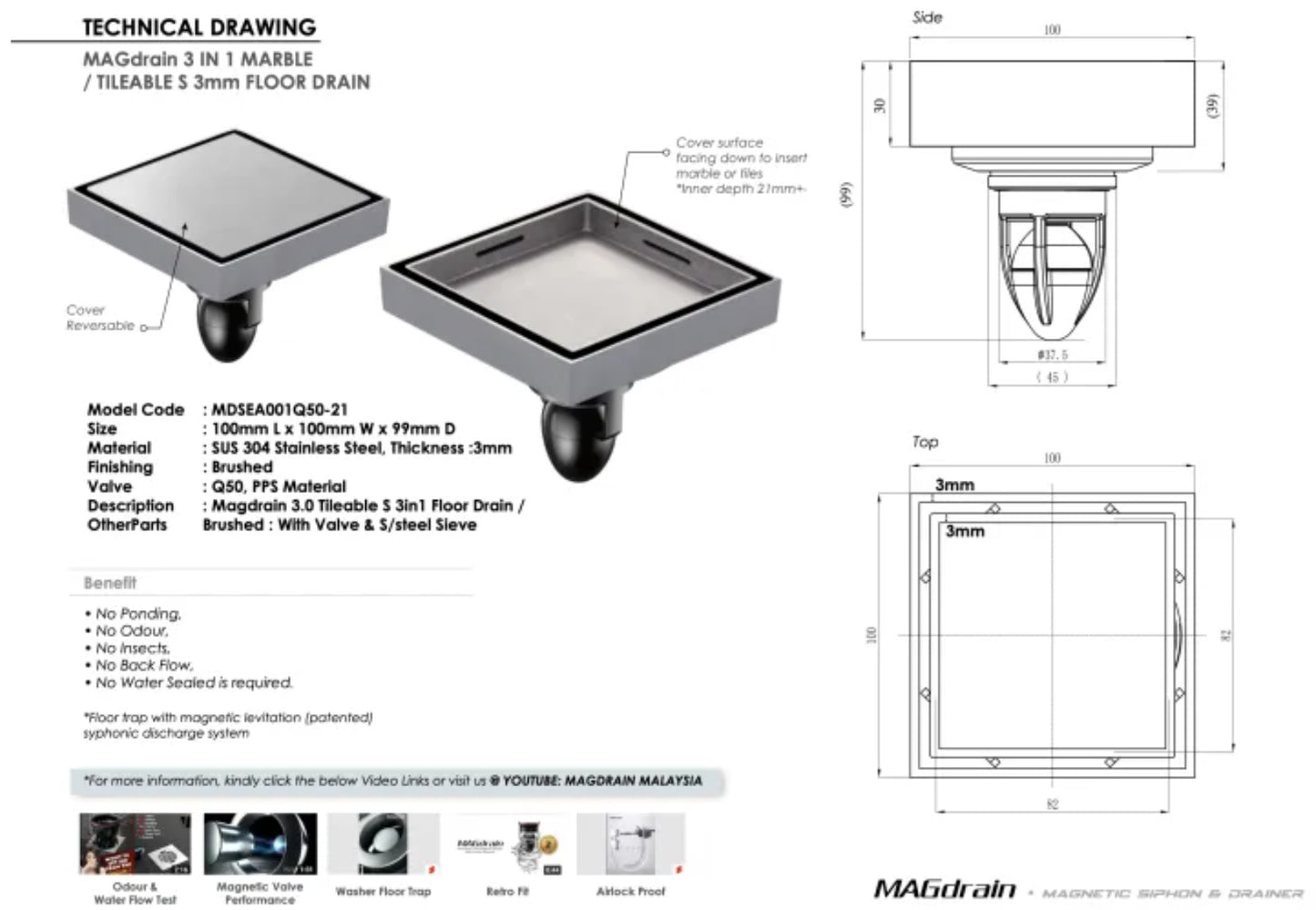 MAGdrain Q50 2mm Marble Insert Floor Trap Art. MDSEA001Q50-21 100 x 100mm