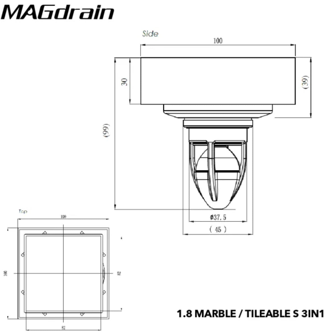 MAGdrain Q50 2mm Tile Insert Floor Trap 100 x 100mm