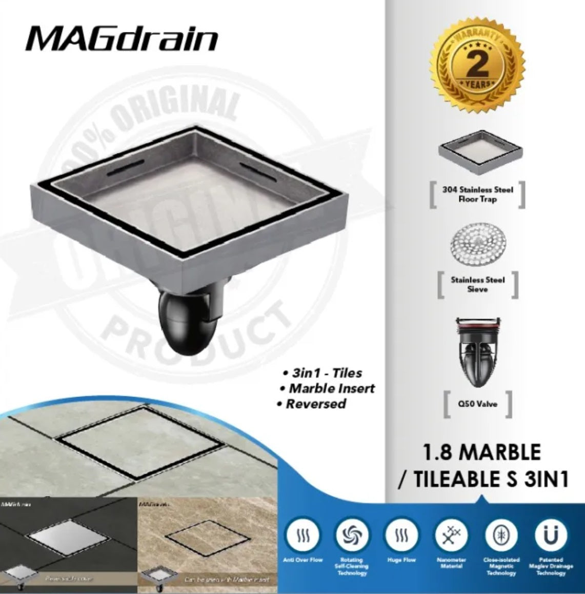 MAGdrain Q50 2mm Marble Insert Floor Trap Art. MDSEA001Q50-21 100 x 100mm
