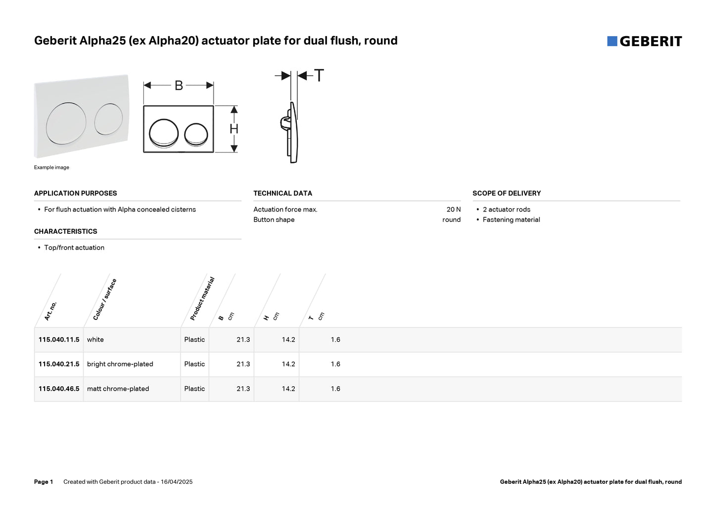 Geberit Alpha 25 Round Flush Actuator Plate Matte Chrome Art. 115.040.46.5