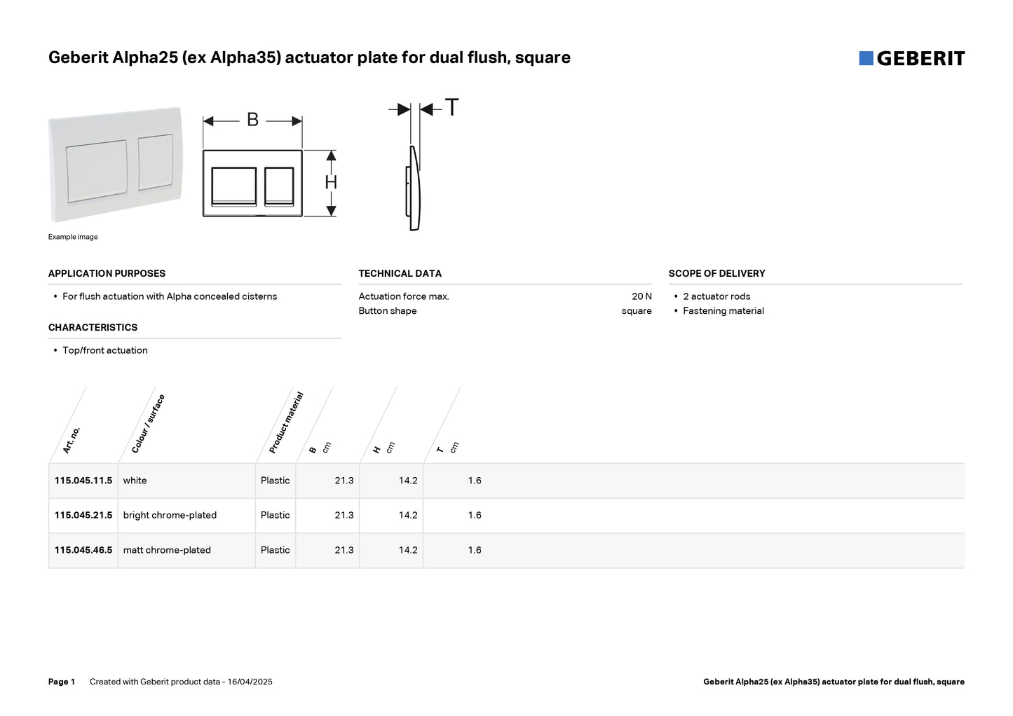Geberit Alpha 25 Square Flush Actuator Plate Matte Chrome Art. 115.045.46.5