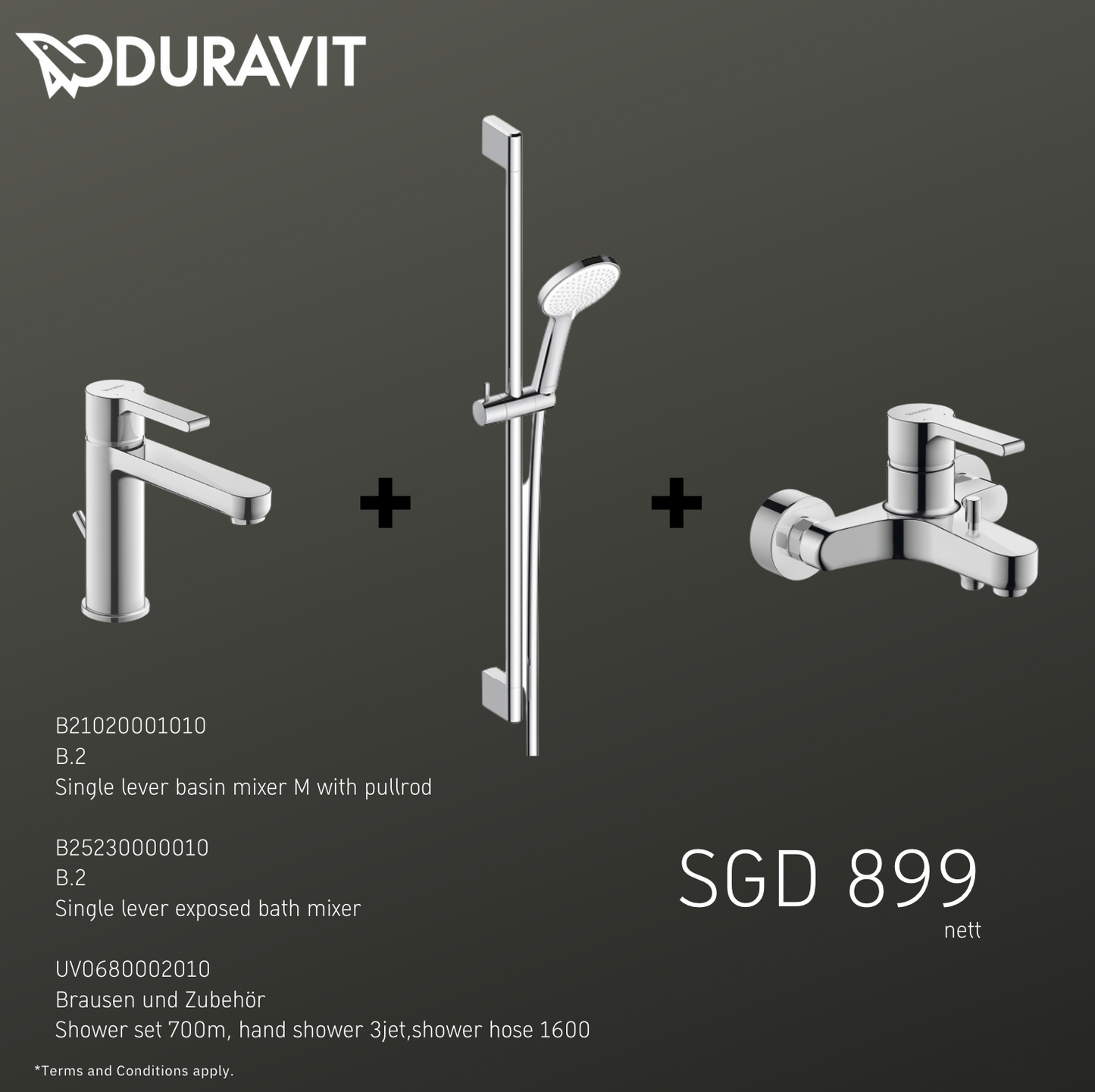 *B2 Shower BUNDLE* Duravit B2 Exposed Bath Mixer Art. B25230000010 + Shower Set Art. UV0680002010 + B2 M Basin Mixer Art. B21020001010