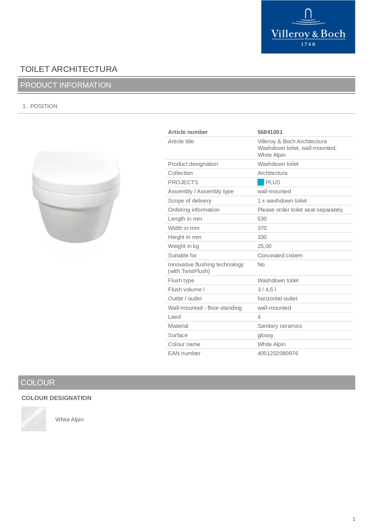 Villeroy & Boch Architectura Wall Hung WC Art. 56841001 + 98M9C101