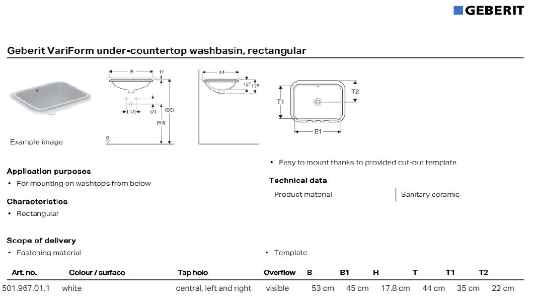 Geberit "Variform" Rectangle Undercounter Basin Art. 501.967.01.1