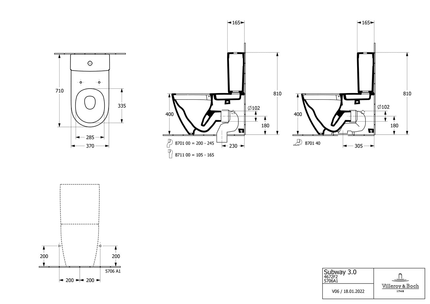 Villeroy & Boch "Subway 3.0" RIMLESS Close Coupled WC Art. 4672F201 + 5706A101 + 8M42S101