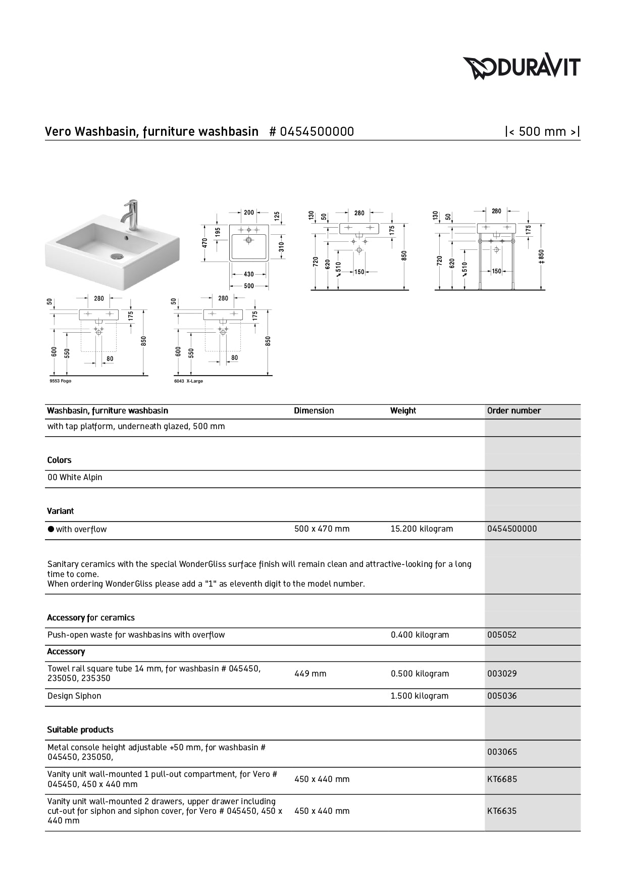 Duravit Vero Wall Hung/ Above Counter Basin Art. 045450