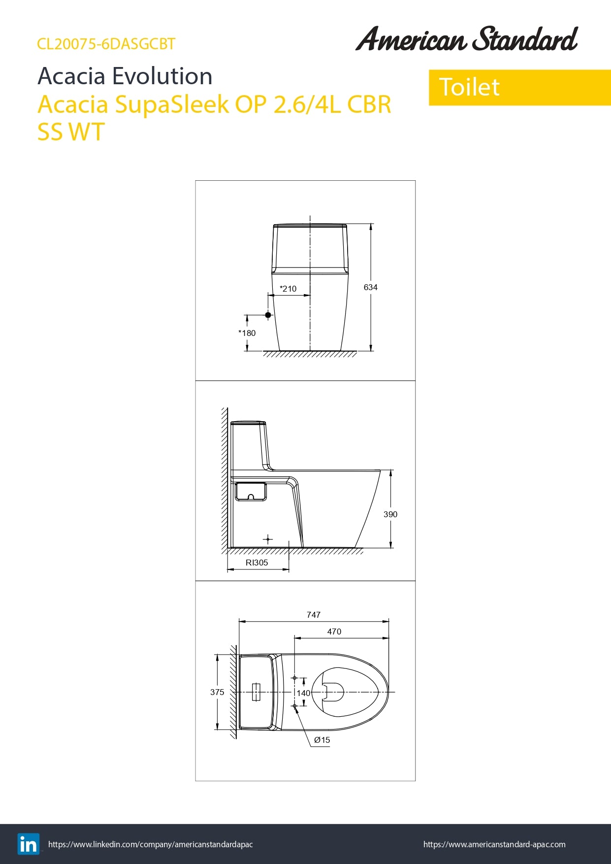 American Standard Acacia SupaSleek One-Piece Toilet CL20075-6DASGCBT