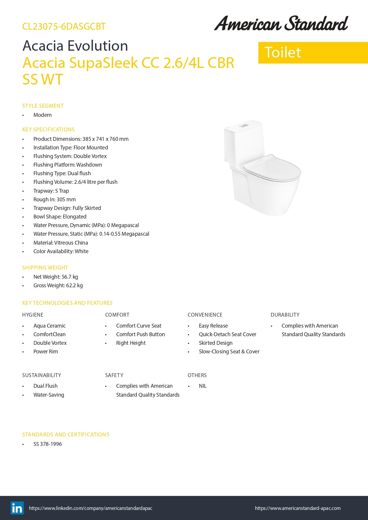 American Standard Acacia SupaSleek Close Couplied Toilet CL23075-6DASGCBT
