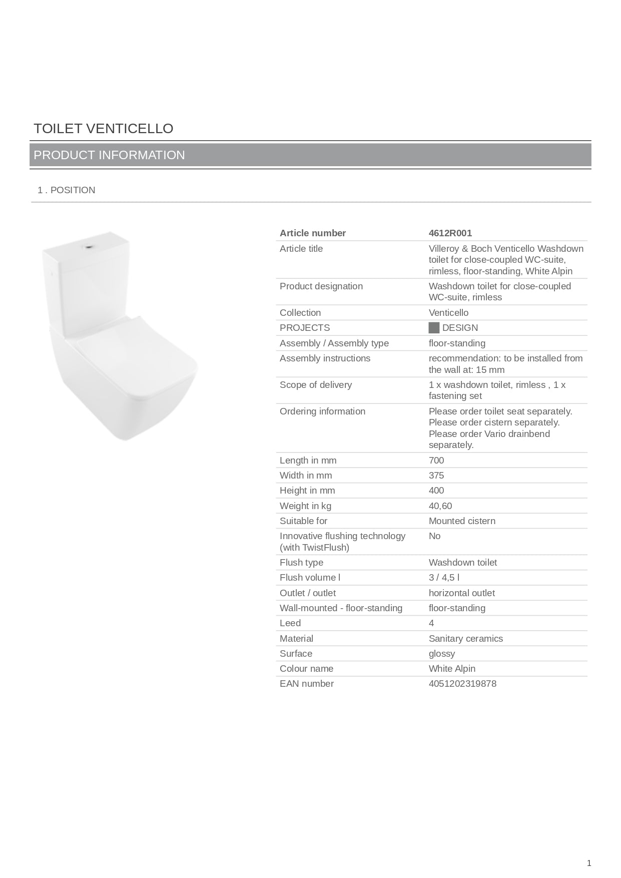 Villeroy & Boch "Venticello" Close Coupled WC Art. 4612R001 + 5707A101 + 9M79S101