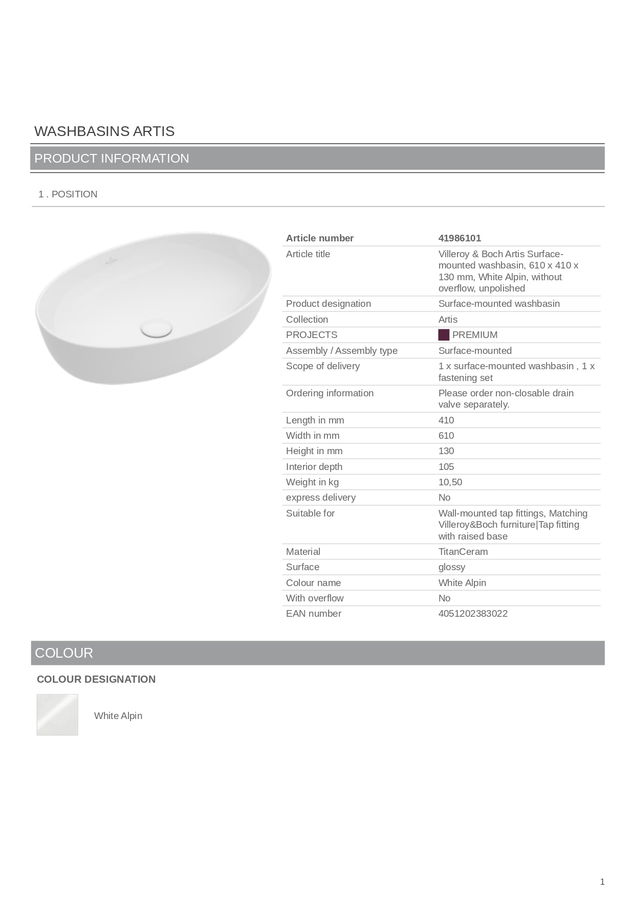 Villeroy & Boch "Artis" Above Counter Oval Basin Art. 41986101