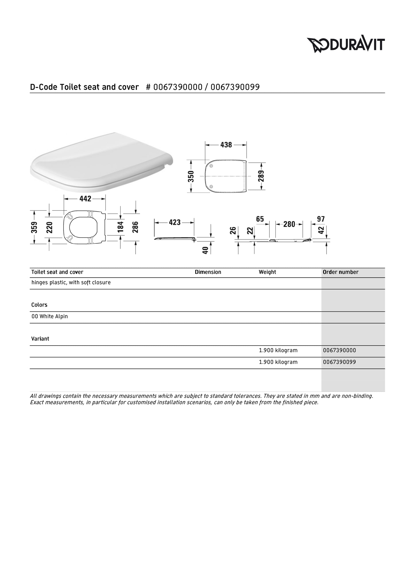 Duravit D-Code Soft Close Seat & Cover Art. 006739