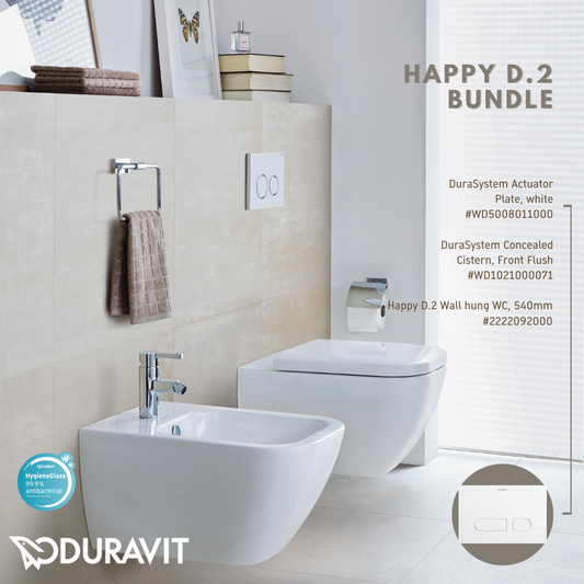 *HAPPY D.2* *Hygiene Glaze* Duravit HAPPY D.2 Wall Hung WC + Durasystem Cistern + Flush Plate (White)