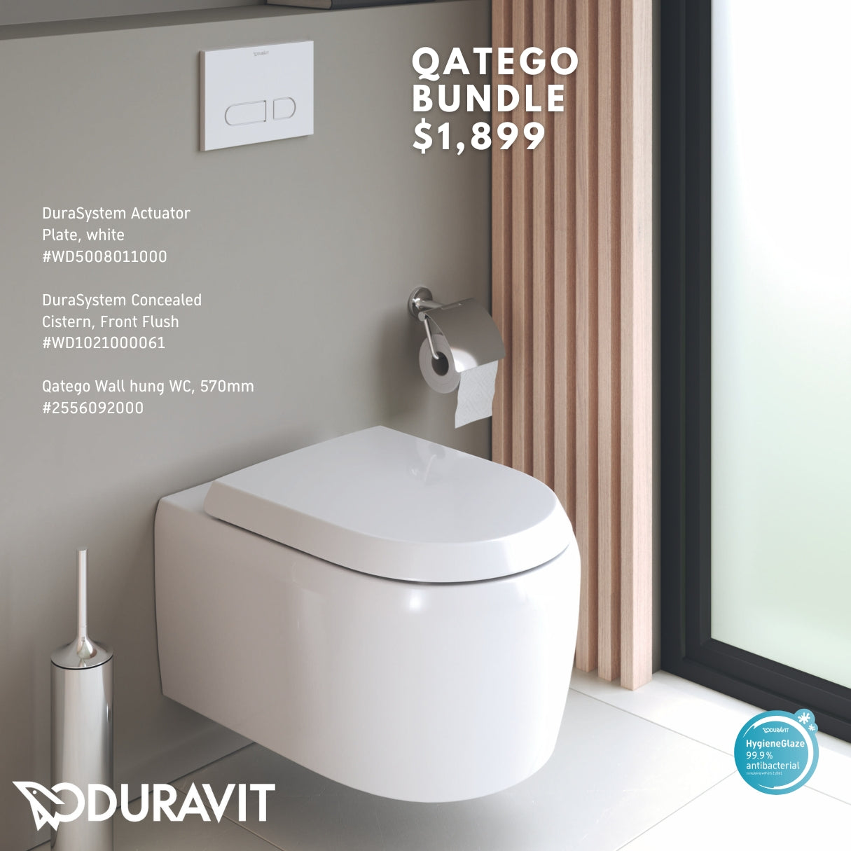 *QATEGO* *Hygiene Glaze* Duravit Qatego Wall Hung WC + Durasystem Cistern + Flush Plate (White)