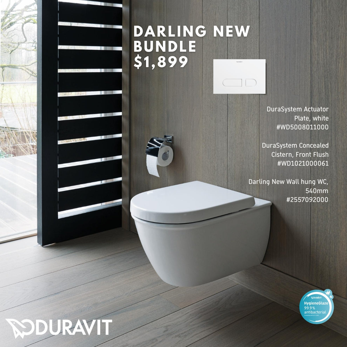 *DARLING NEW* *Hygiene Glaze* Duravit Darling New Wall Hung WC + Durasystem Cistern + Flush Plate (White)