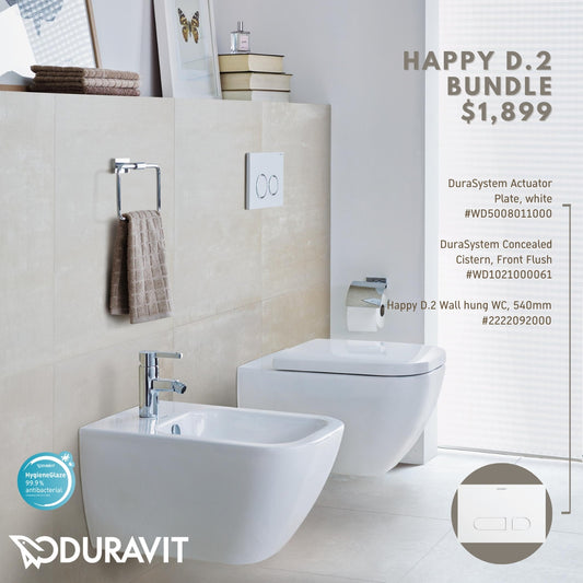 *HAPPY D.2* *Hygiene Glaze* Duravit HAPPY D.2 Wall Hung WC + Durasystem Cistern + Flush Plate (White)