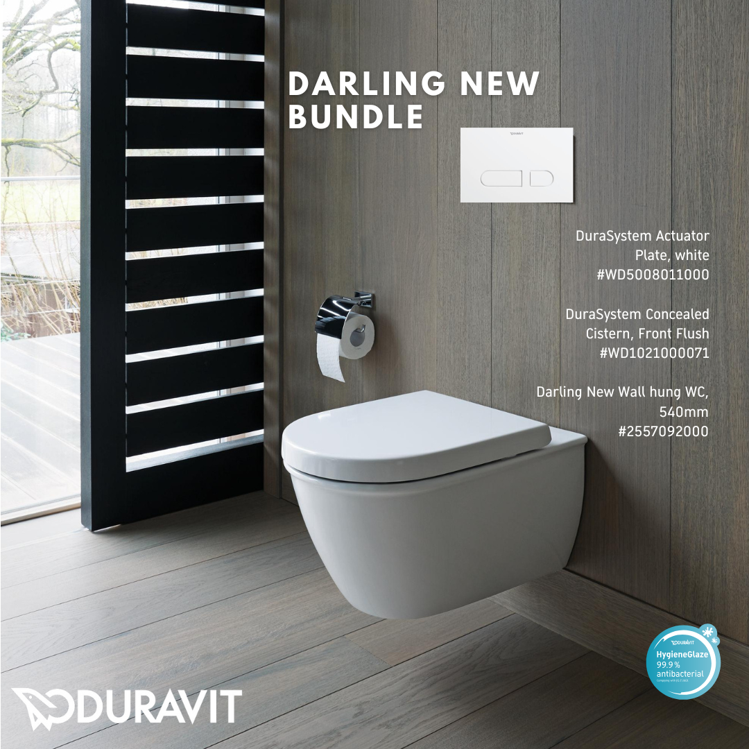 *DARLING NEW* *Hygiene Glaze* Duravit Darling New Wall Hung WC + Durasystem Cistern + Flush Plate (White)