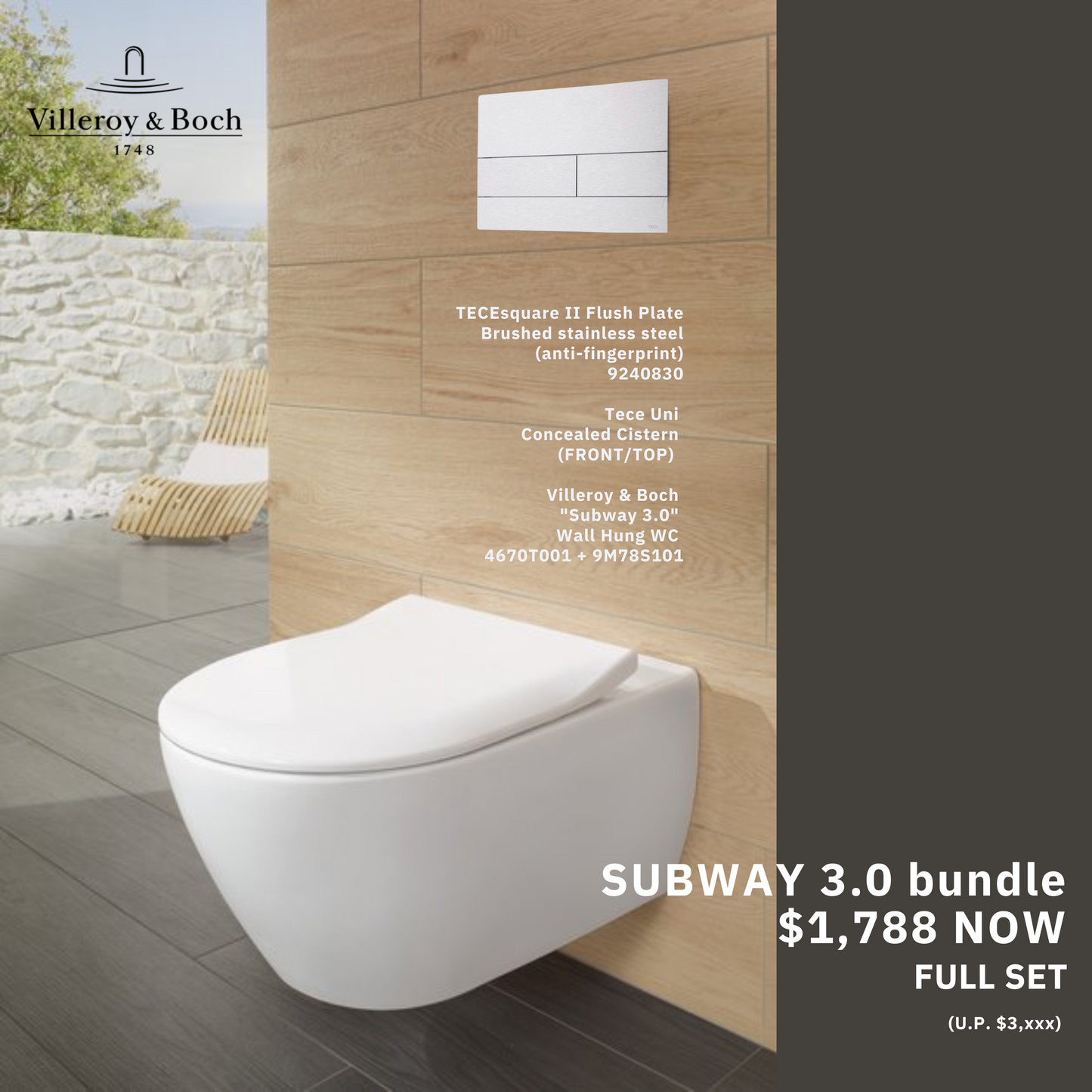 *BUNDLE SALE* Villeroy & Boch Subway 3.0 Rimless Wall Hung WC Art. 4606T001 + Tece Cistern Art. 9370223 + Tece Chair Bracket 9370228 + TeceSquare II Flush Plate Art. 9240830