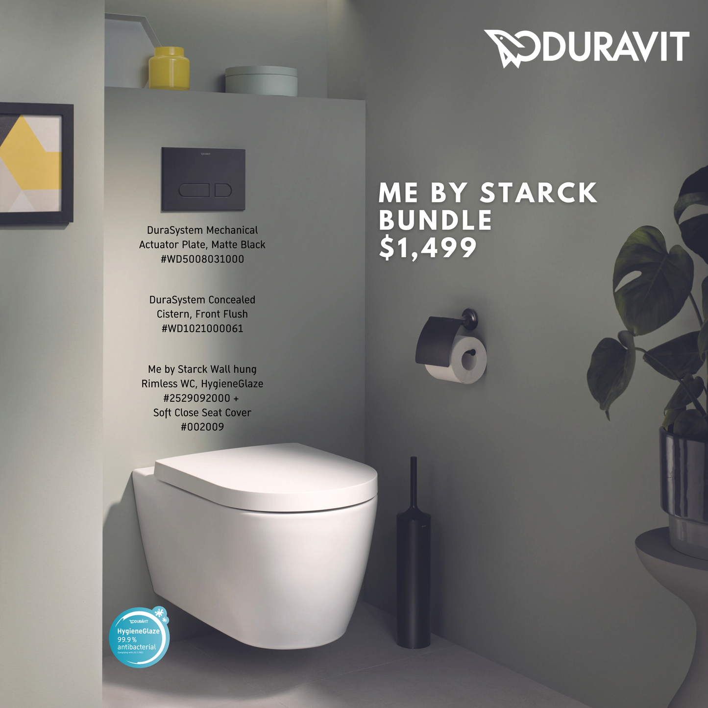 *MEBYSTARCK* *Hygiene Glaze* Duravit MebyStarck Wall Hung WC + Durasysten Cistern + Flush Plate (Matte Black)