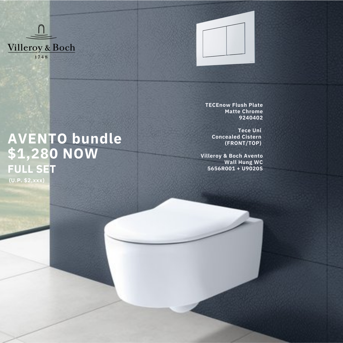 *BUNDLE SALE* Villeroy & Boch Avento Rimless Wall Hung WC Art. 5656R001 + Tece Cistern Art. 9370223 + Tece Chair Bracket 9370228 + TeceNow Flush Plate Art. 9370402