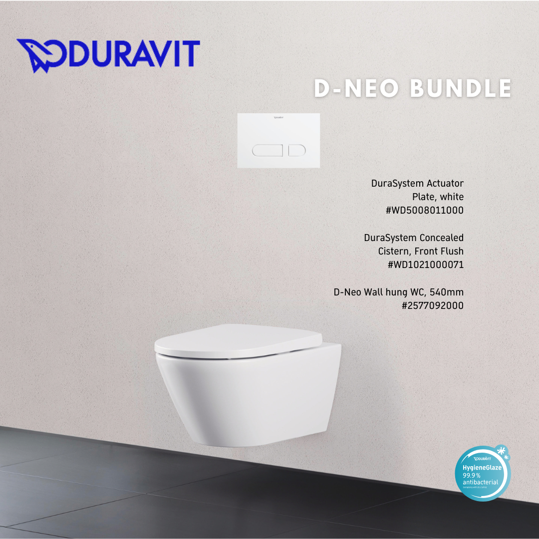 *D-NEO* *Hygiene Glaze* Duravit D-Neo Wall Hung WC + Durasystem Cistern + Flush Plate (WHITE)