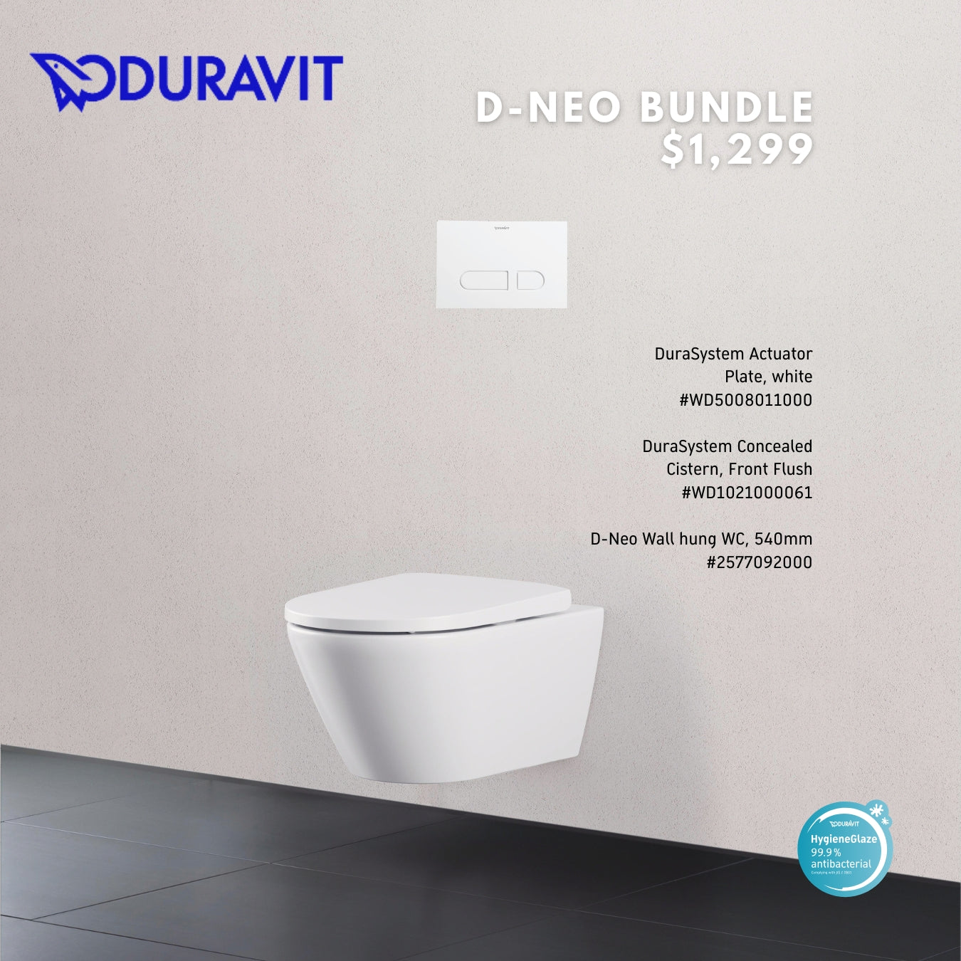 *D-NEO* *Hygiene Glaze* Duravit D-Neo Wall Hung WC + Durasystem Cistern + Flush Plate (WHITE)