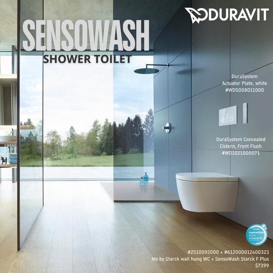 *SENSOWASH STARCK F* *Hygiene Glaze* Duravit MEBYSTARCK Wall Hung WC + Durasystem Cistern + Flush Plate (White)