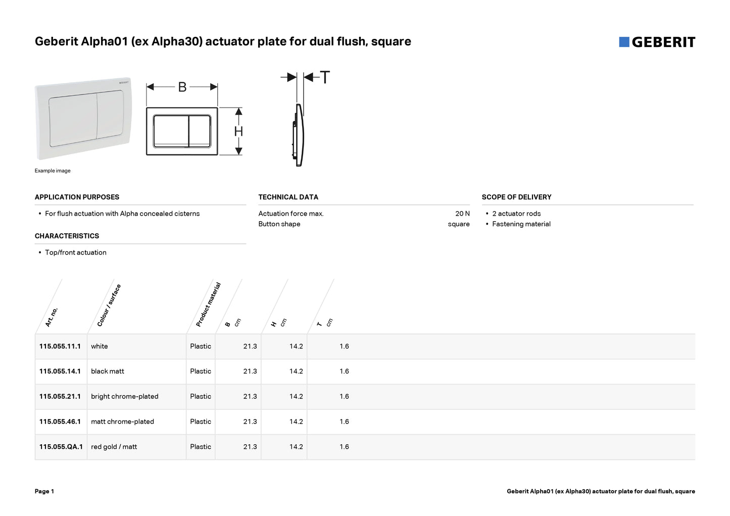 Geberit Alpha 30 Flush Actuator Plate Matte Chrome Art. 115.055.46.1