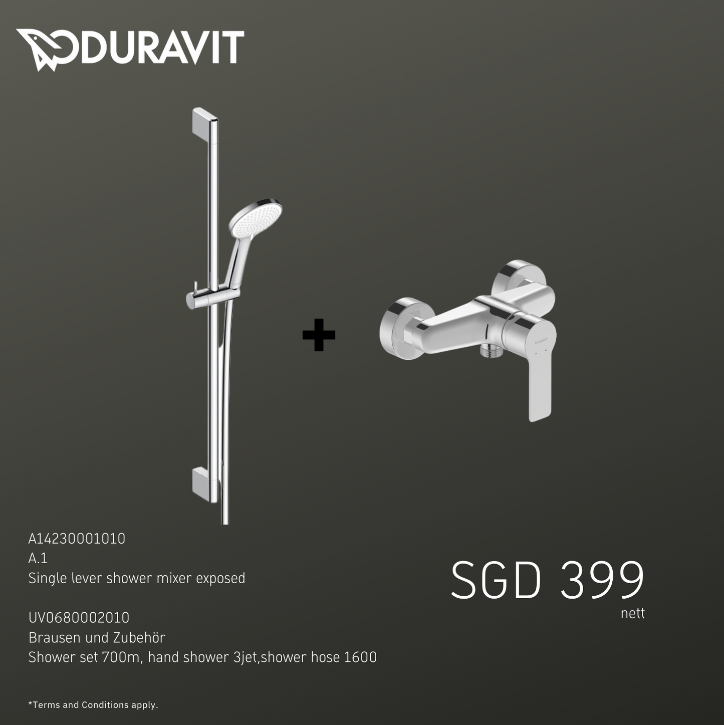 *Shower BUNDLE* Duravit A.1 Exposed Shower Mixer Art. A14230001010 + Shower Set Art. UV0680002010