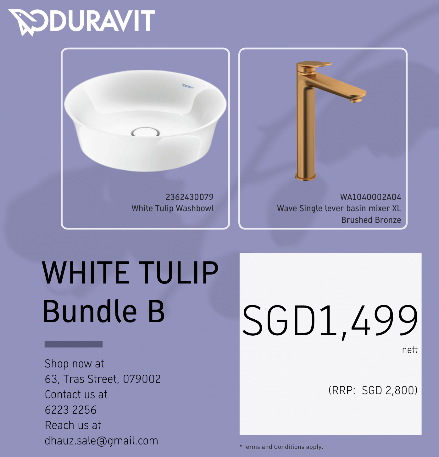*WHITE TULIP BUNDLE* Duravit Basin 430mm + Duravit WAVE XL Basin Mixer Brushed Bronze Finish