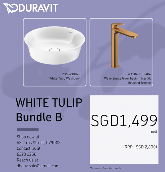 *WHITE TULIP BUNDLE* Duravit Basin 430mm + Duravit WAVE XL Basin Mixer Brushed Bronze Finish