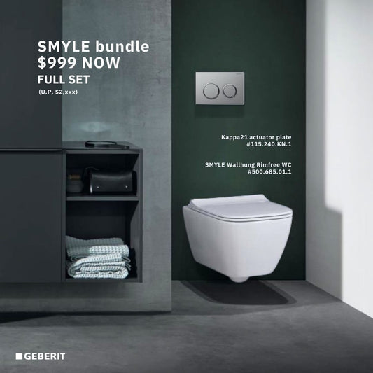 *BUNDLE SALE* Geberit Smyle Wall Hung Rimfree WC Art. 500.685.01.1 + Geberit Kappa Cistern Art. 224.361.00.1 + Geberit Kappa 21 Actuator Plate Art. 115.240.KN.1