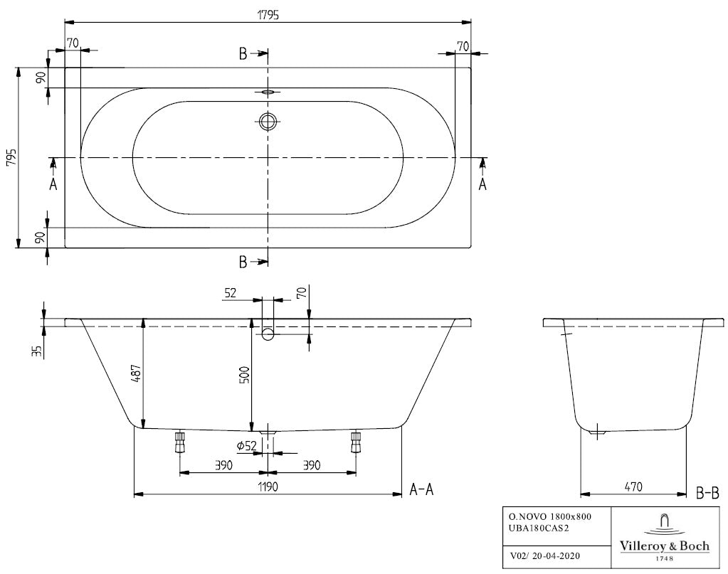 Villeroy & Boch O.novo Rectangular Acrylic Bath Tub Art. UBA180CAS2V-01