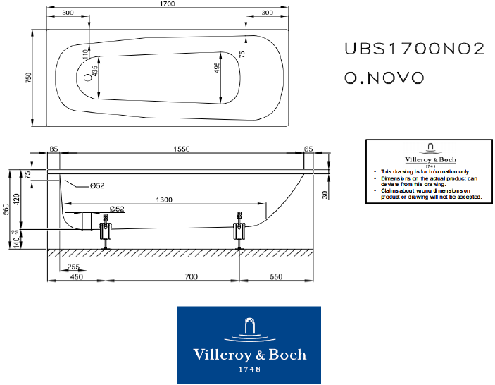 Villeroy & Boch O.novo BS170ONO2V-01 Steel Bath Tub