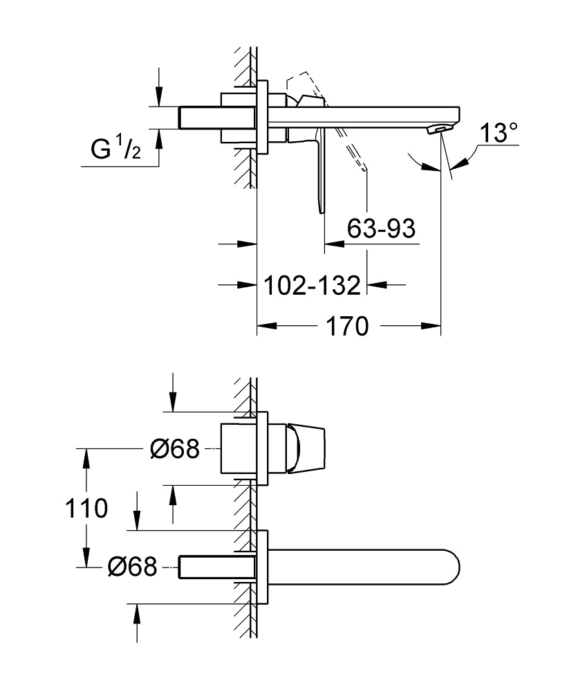 Grohe Eurosmart Cosmopolitan Wall Mount Basin Mixer (M Size) Art. 19381000 + Art. 23571000