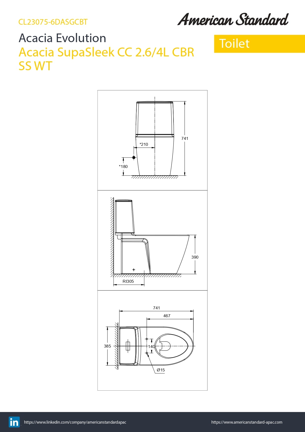 American Standard Acacia SupaSleek Close Couplied Toilet CL23075-6DASGCBT