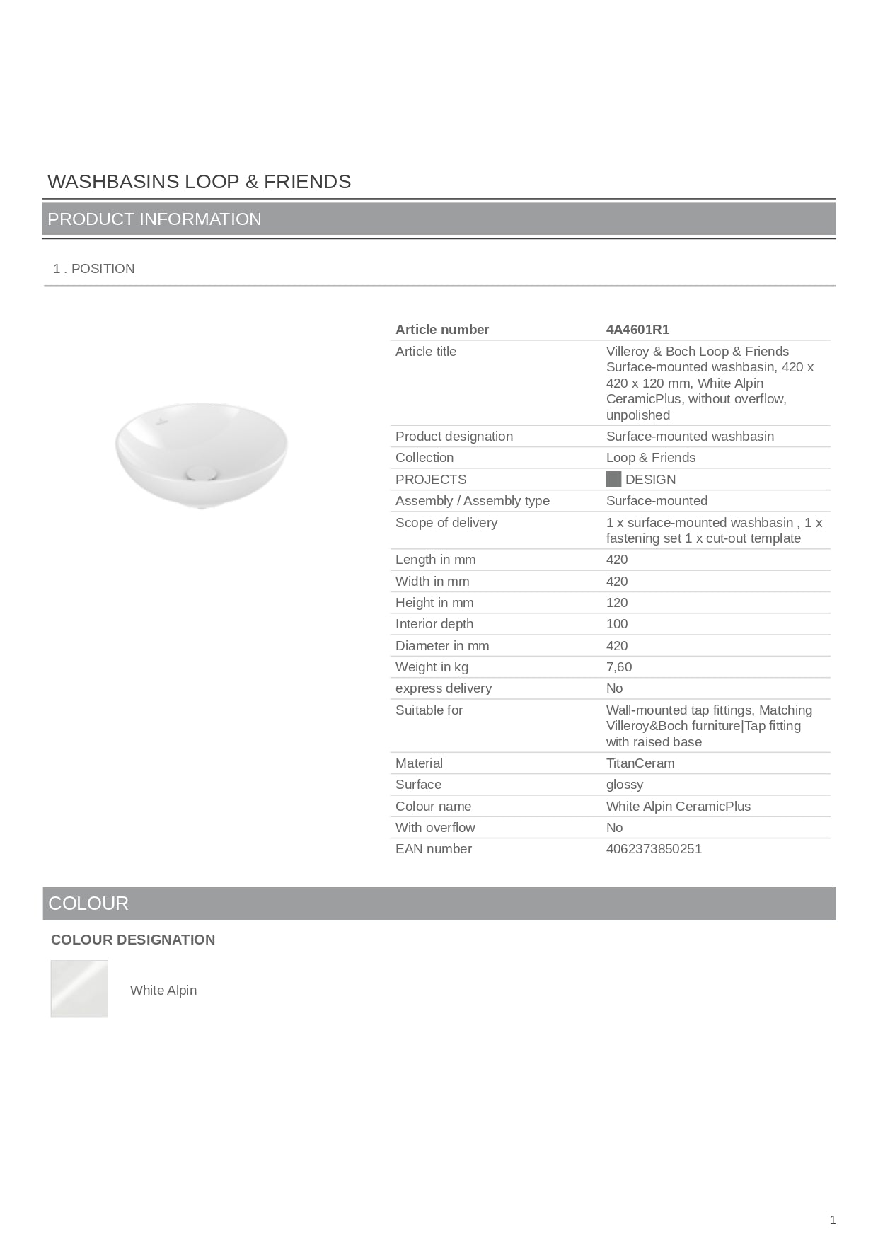 Villeroy & Boch "Loop & Friends" Above Counter Basin Art. 4A460001